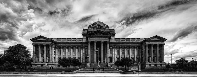 pueblo county, courthouse, building, architecture, panorama, sunset, dusk, sky, clouds, mood, nature, law, justice, landmark, historic, landscape, black and white, colorado, america, gray sunset, gray law. A law firm content marketing checklist built for real conditions