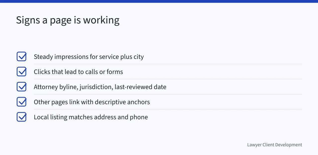 Checklist of five signals that a law firm page is working (How to repair legal SEO without breaking what already ranks well)