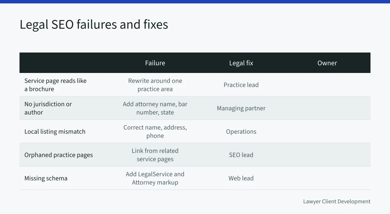Table pairing legal SEO failures with fixes and owners (How to repair legal SEO without breaking what already ranks well)